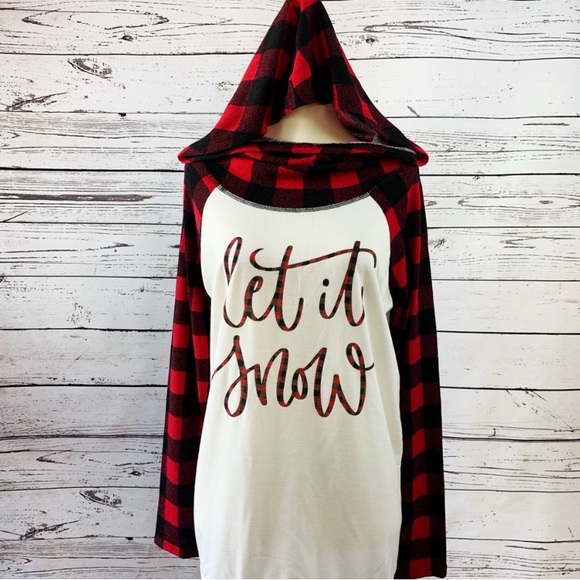 Boutique 'Let It Snow' Cowl Neck Hoodie w/ Plaid Sleeves Size Small - Picture 3 of 7